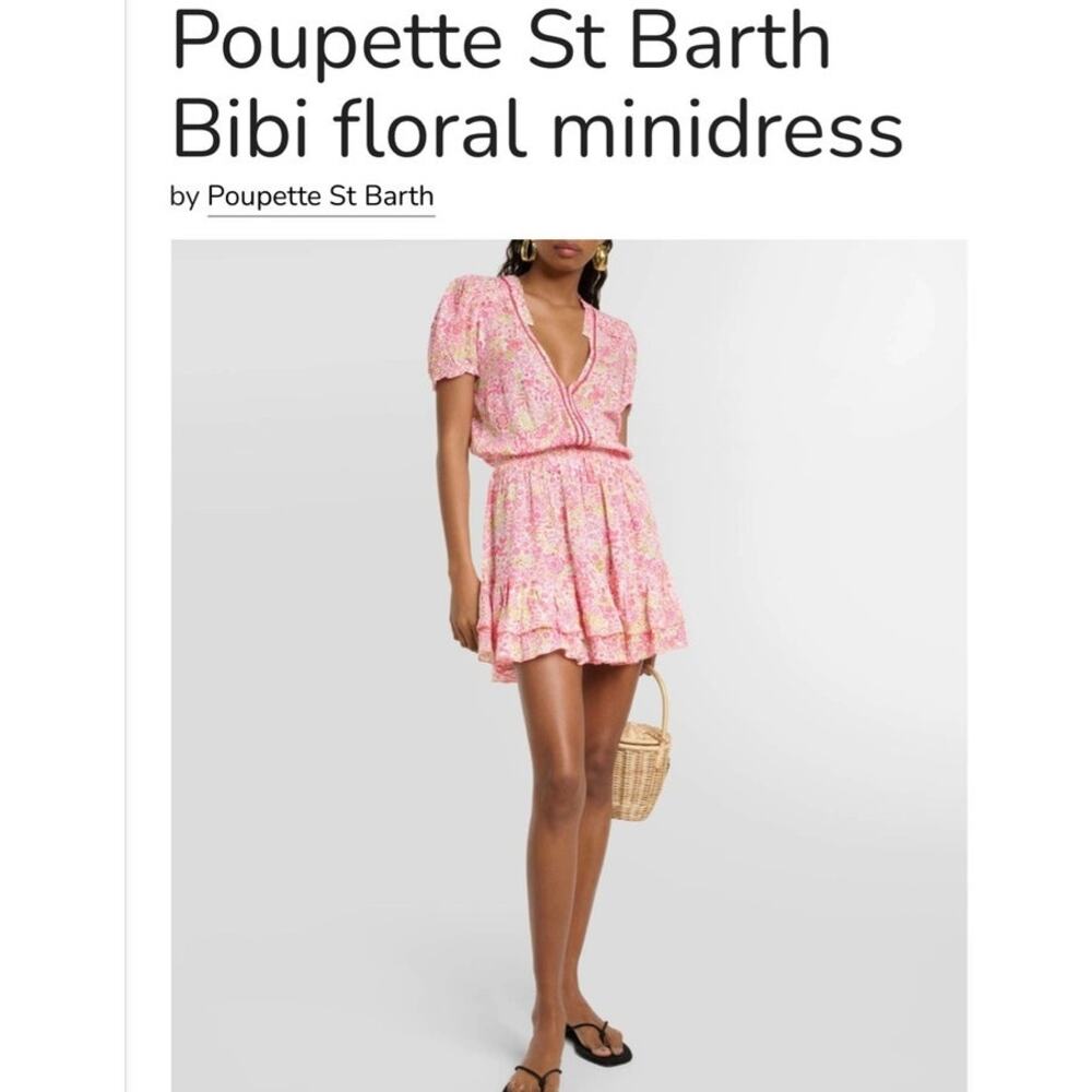 Poupette St Barth Bibi Floral Mini Dress White Pink Viscose V-Neck Short Sleeve